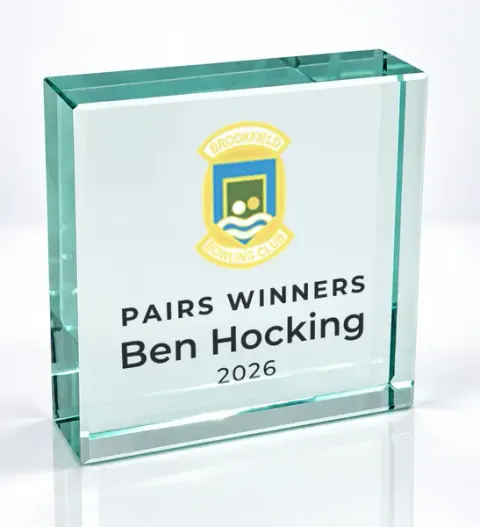 Small square glass award printed with a club crest and the wording Pairs Winners, Ben Hocking, 2026