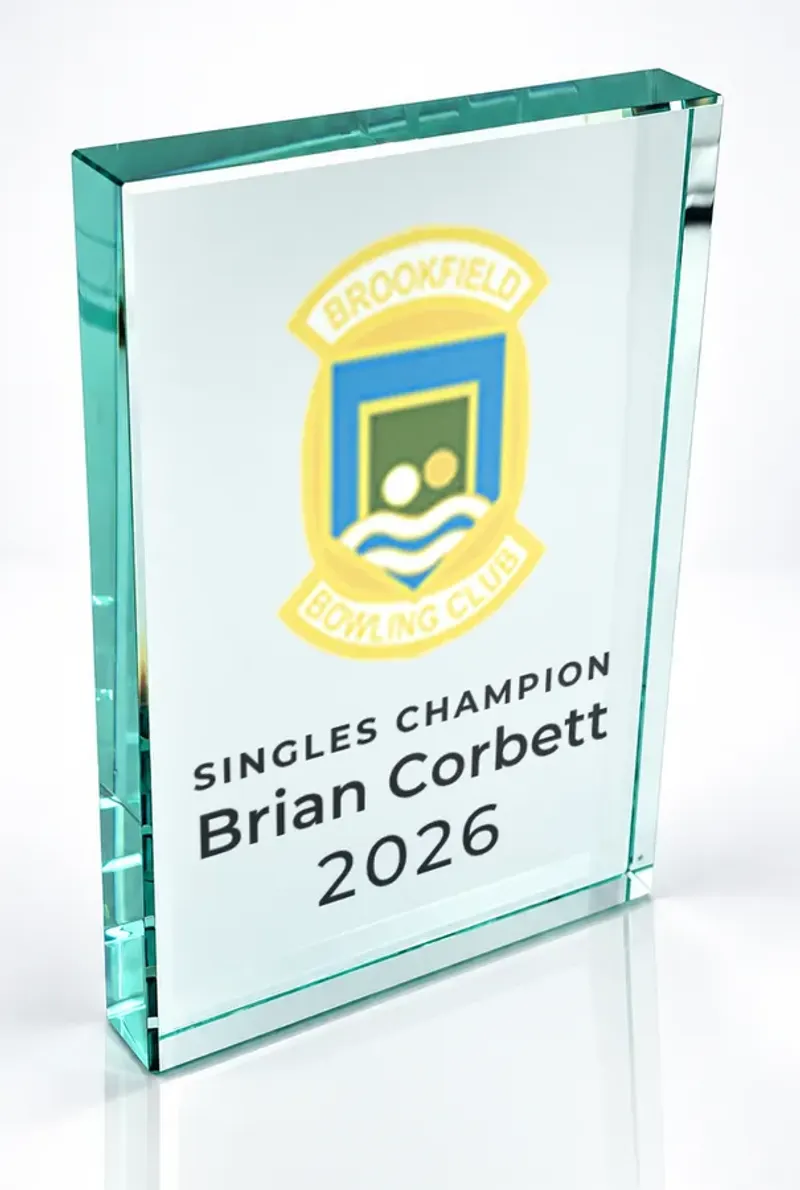Large portrait glass award printed in full colour with a club crest and the wording Singles Champion