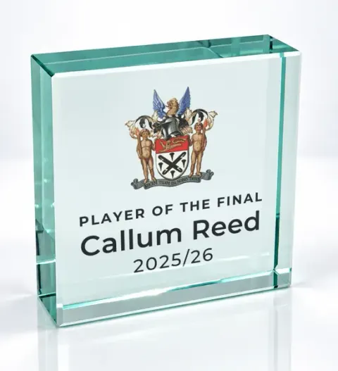 Small square glass award printed with a club crest and the wording Player Of The Final, Callum Reed, 2025/26