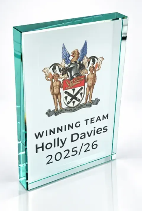 Large portrait glass award printed with a club crest and the wording Winning Team, Holly Davies, 2025/26
