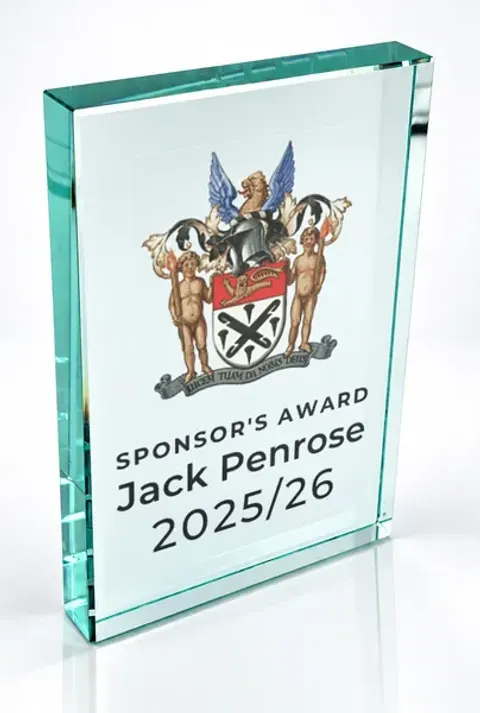 Large portrait glass award printed with a club crest and the wording Sponsor'S Award, Jack Penrose, 2025/26