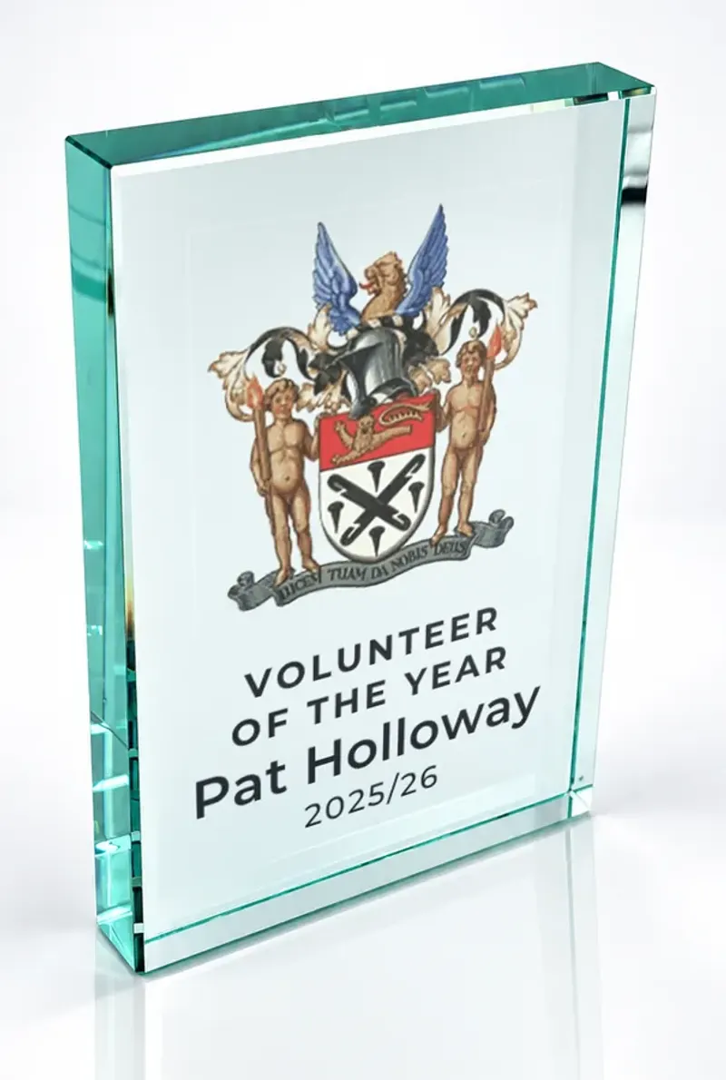 Large portrait glass award printed in full colour with a club crest and the wording Volunteer of the Year