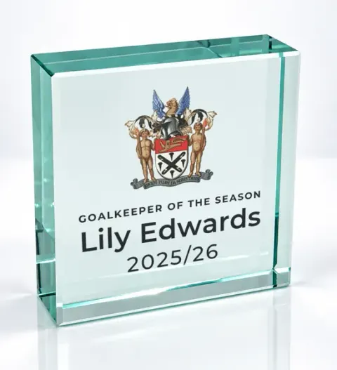 Small square glass award printed with a club crest and the wording Goalkeeper Of The Season, Lily Edwards, 2025/26