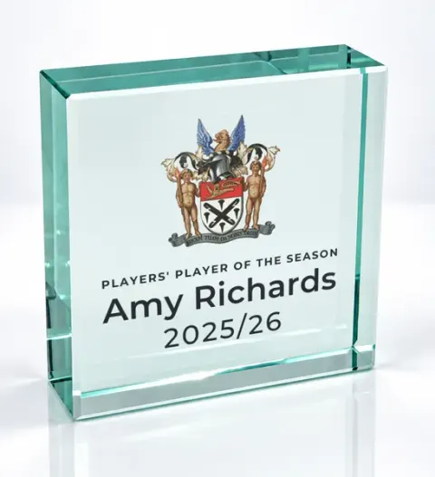 Small square glass award printed with a club crest and the wording Players' Player Of The Season, Amy Richards, 2025/26
