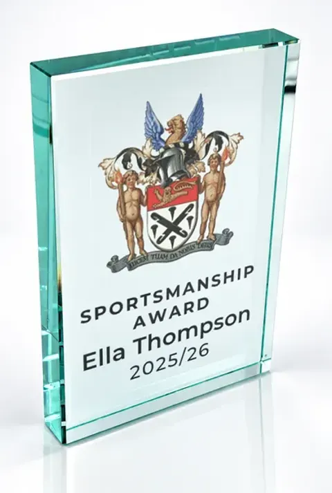 Large portrait glass award printed with a club crest and the wording Sportsmanship Award, Ella Thompson, 2025/26