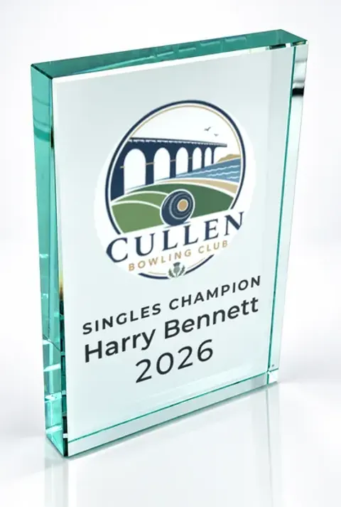 Large portrait glass award printed with a club crest and the wording Singles Champion, Harry Bennett, 2026