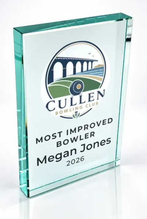 Large portrait glass award printed with a club crest and the wording Most Improved Bowler, Megan Jones, 2026