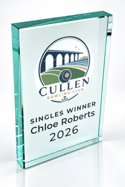Large portrait glass award printed with a club crest and the wording Singles Winner, Chloe Roberts, 2026