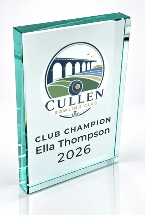 Large portrait glass award printed with a club crest and the wording Club Champion, Ella Thompson, 2026