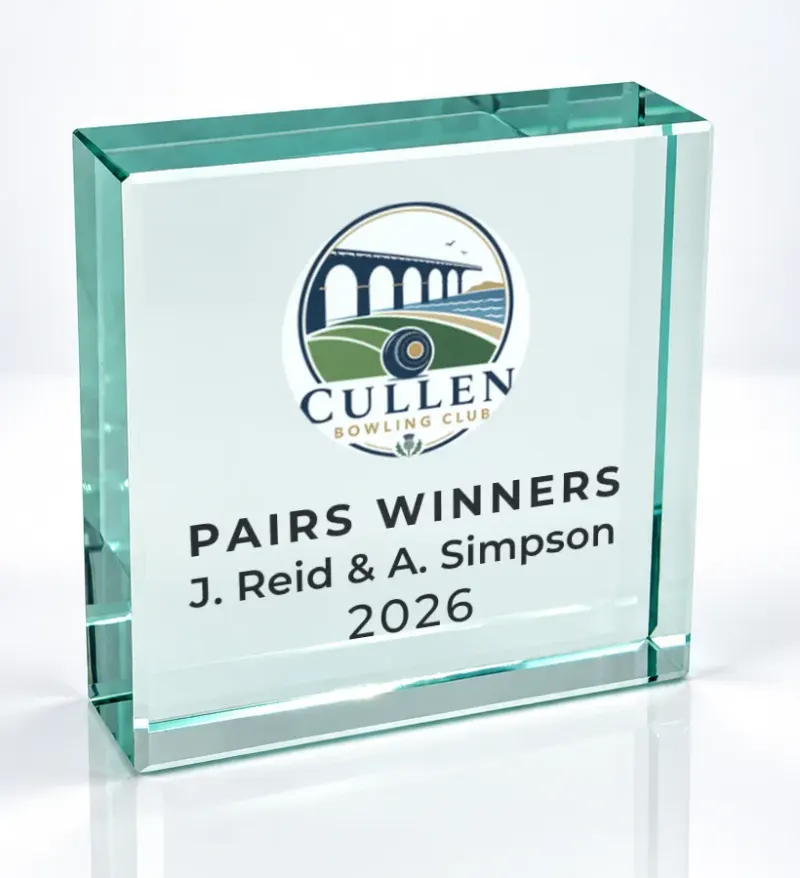 Small square glass award printed in full colour with a club crest and the wording Pairs Winners