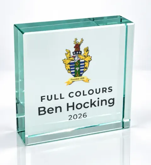 Small square glass award printed with a club crest and the wording Full Colours, Ben Hocking, 2026