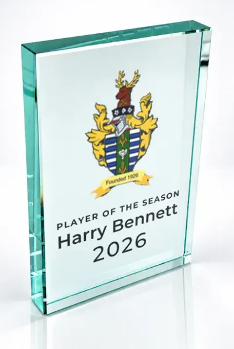 Large portrait glass award printed with a club crest and the wording Player Of The Season, Harry Bennett, 2026