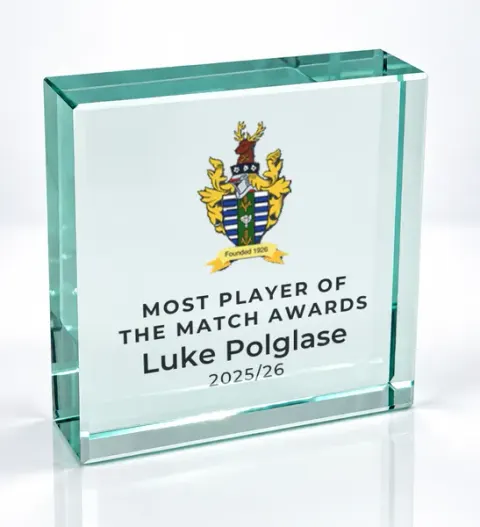 Small square glass award printed with a club crest and the wording Most Player Of The Match Awards, Luke Polglase, 2025/26