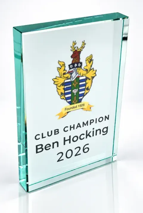 Large portrait glass award printed with a club crest and the wording Club Champion, Ben Hocking, 2026