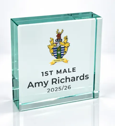 Small square glass award printed with a club crest and the wording 1St Male, Amy Richards, 2025/26