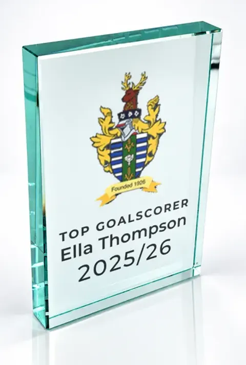 Large portrait glass award printed with a club crest and the wording Top Goalscorer, Ella Thompson, 2025/26