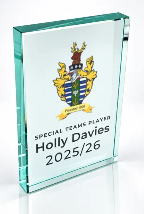 Large portrait glass award printed with a club crest and the wording Special Teams Player, Holly Davies, 2025/26
