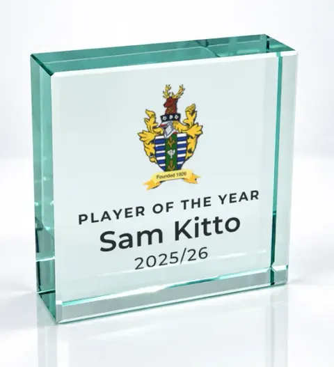 Small square glass award printed with a club crest and the wording Player Of The Year, Sam Kitto, 2025/26