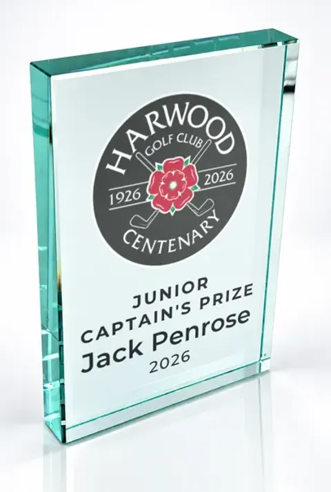 Large portrait glass award printed with a club crest and the wording Junior Captain'S Prize, Jack Penrose, 2026