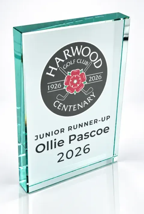 Large portrait glass award printed with a club crest and the wording Junior Runner-Up, Ollie Pascoe, 2026