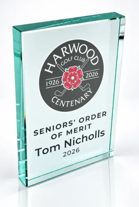 Large portrait glass award printed with a club crest and the wording Seniors' Order Of Merit, Tom Nicholls, 2026