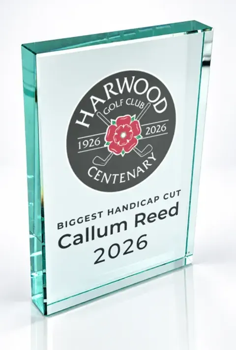 Large portrait glass award printed with a club crest and the wording Biggest Handicap Cut, Callum Reed, 2026