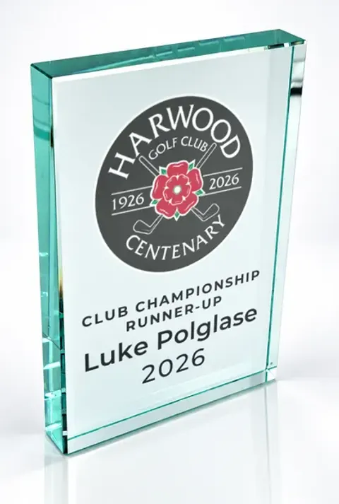 Large portrait glass award printed with a club crest and the wording Club Championship Runner-Up, Luke Polglase, 2026