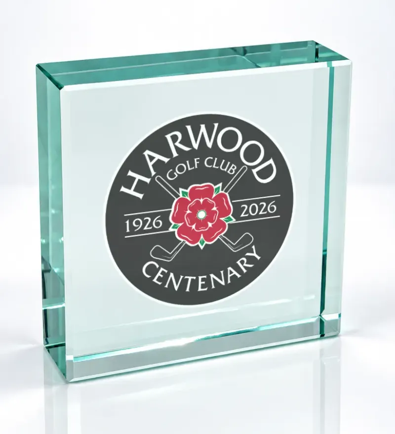 Small square glass award printed in full colour with a club crest and the wording Centenary crest award