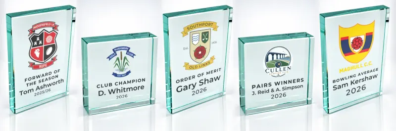 Five personalised end of season awards in glass, printed with club crests