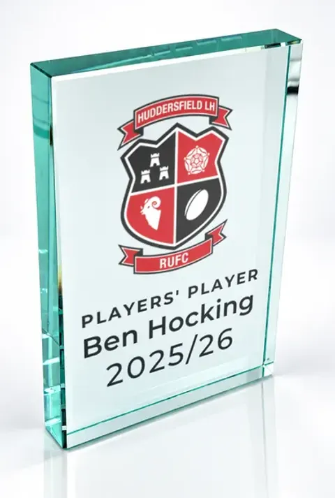 Large portrait glass award printed with a club crest and the wording Players' Player, Ben Hocking, 2025/26