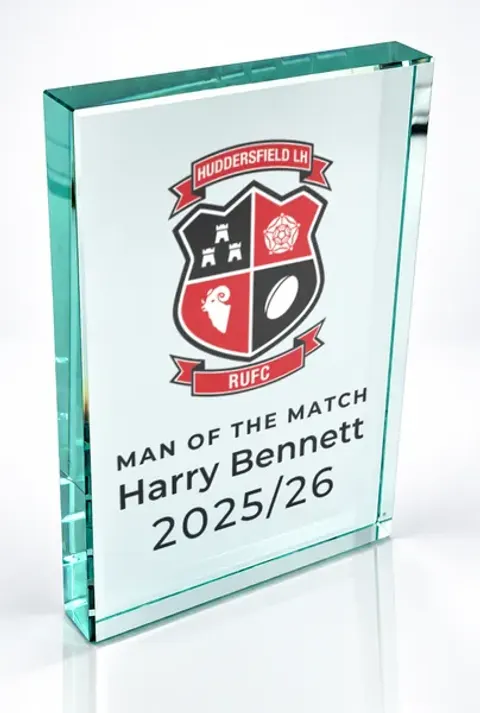 Large portrait glass award printed with a club crest and the wording Man Of The Match, Harry Bennett, 2025/26