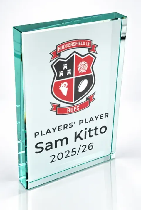 Large portrait glass award printed with a club crest and the wording Players' Player, Sam Kitto, 2025/26