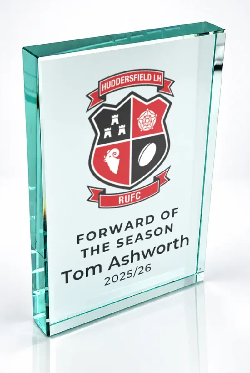 Large portrait glass award printed in full colour with a club crest and the wording Forward of the Season