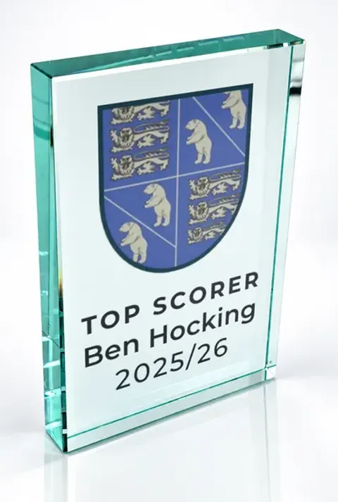 Large portrait glass award printed with a club crest and the wording Top Scorer, Ben Hocking, 2025/26