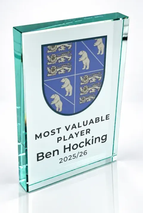 Large portrait glass award printed with a club crest and the wording Most Valuable Player, Ben Hocking, 2025/26