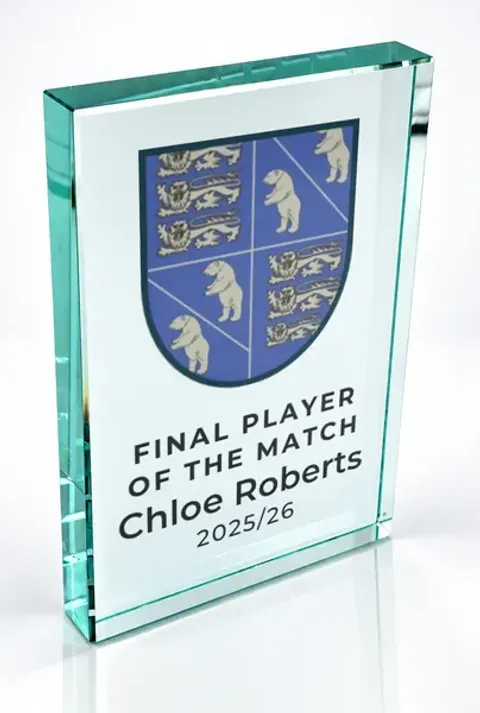 Large portrait glass award printed with a club crest and the wording Final Player Of The Match, Chloe Roberts, 2025/26