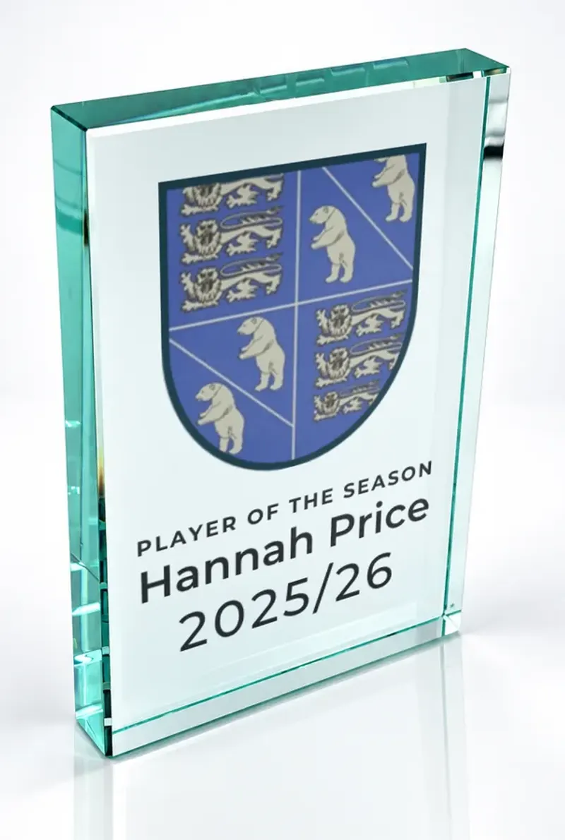 Large portrait glass award printed in full colour with a club crest and the wording Player of the Season