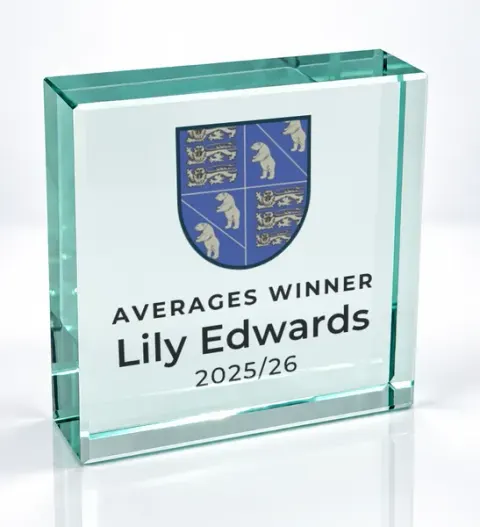 Small square glass award printed with a club crest and the wording Averages Winner, Lily Edwards, 2025/26