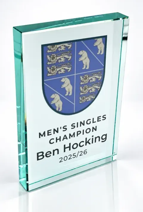 Large portrait glass award printed with a club crest and the wording Men'S Singles Champion, Ben Hocking, 2025/26