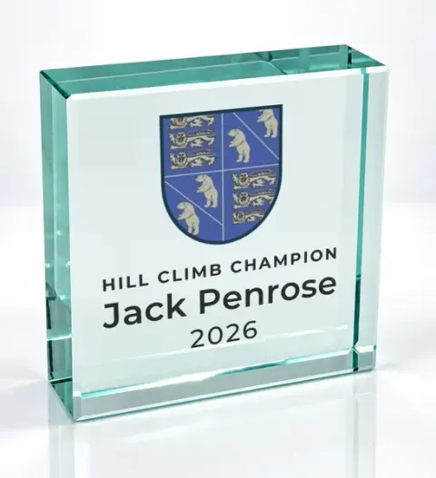 Small square glass award printed with a club crest and the wording Hill Climb Champion, Jack Penrose, 2026
