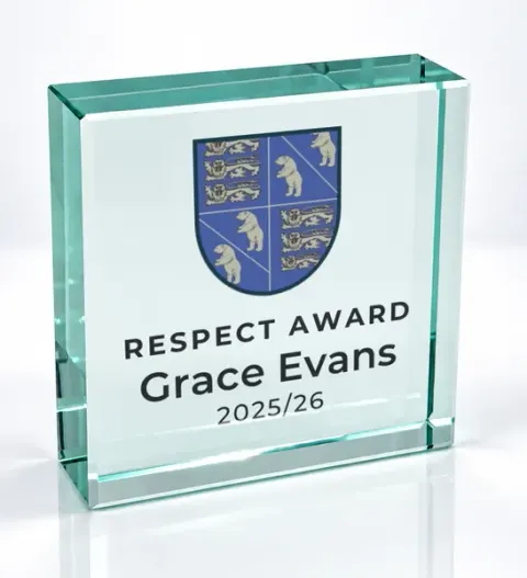 Small square glass award printed with a club crest and the wording Respect Award, Grace Evans, 2025/26