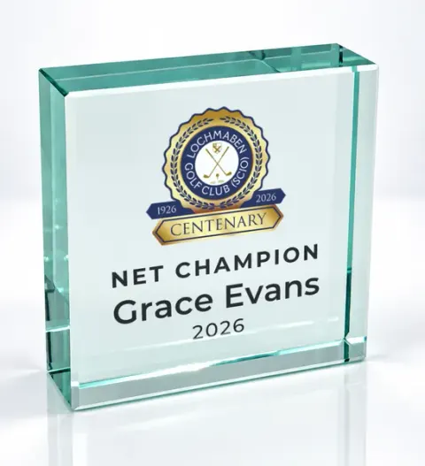 Small square glass award printed with a club crest and the wording Net Champion, Grace Evans, 2026