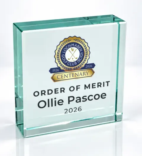 Small square glass award printed with a club crest and the wording Order Of Merit, Ollie Pascoe, 2026