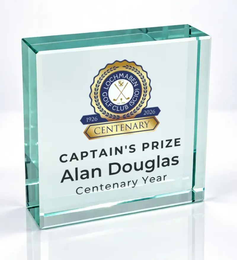 Small square glass award printed in full colour with a club crest and the wording Captain's Prize
