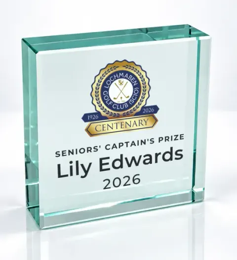 Small square glass award printed with a club crest and the wording Seniors' Captain'S Prize, Lily Edwards, 2026