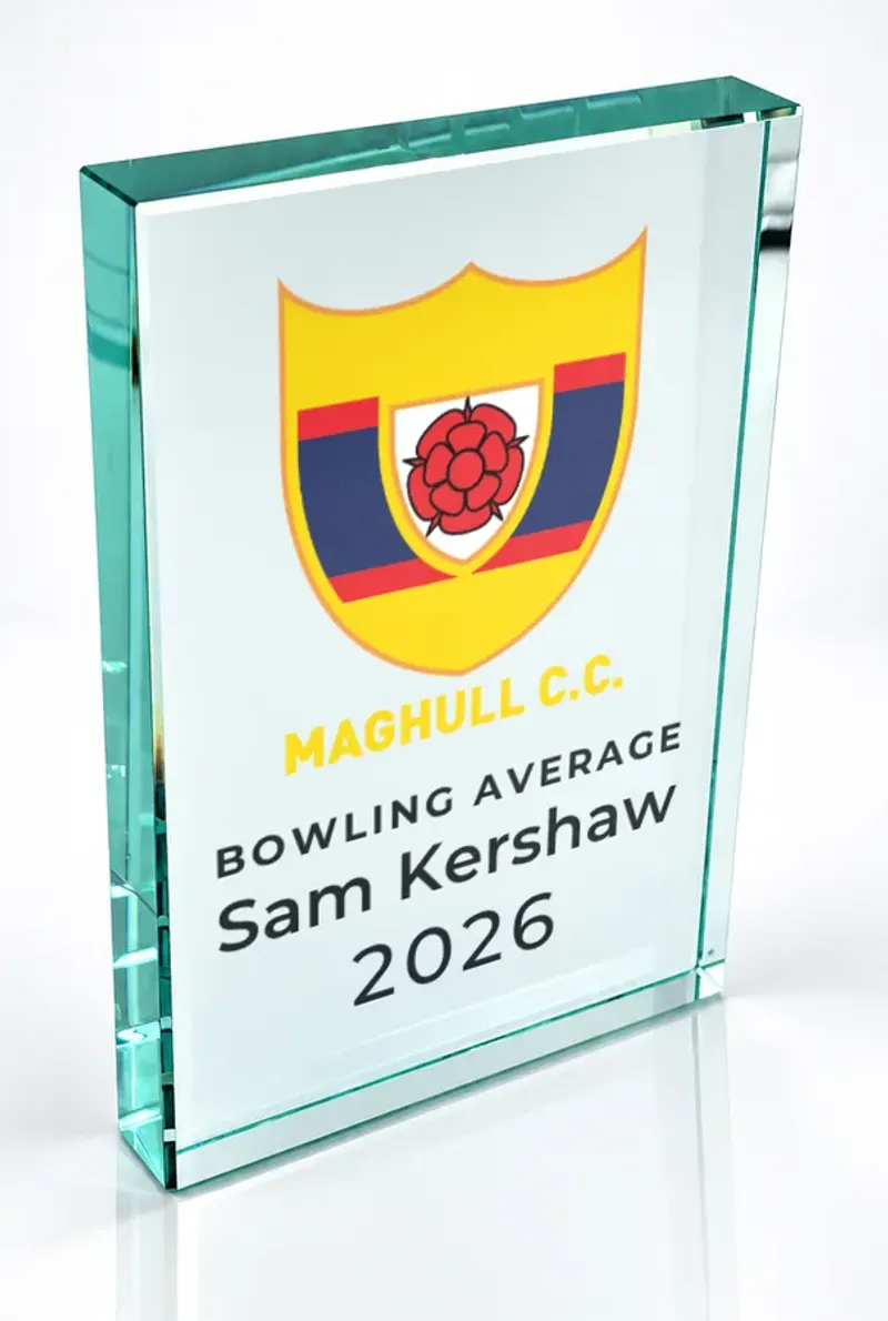Large portrait glass award printed in full colour with a club crest and the wording Bowling Average