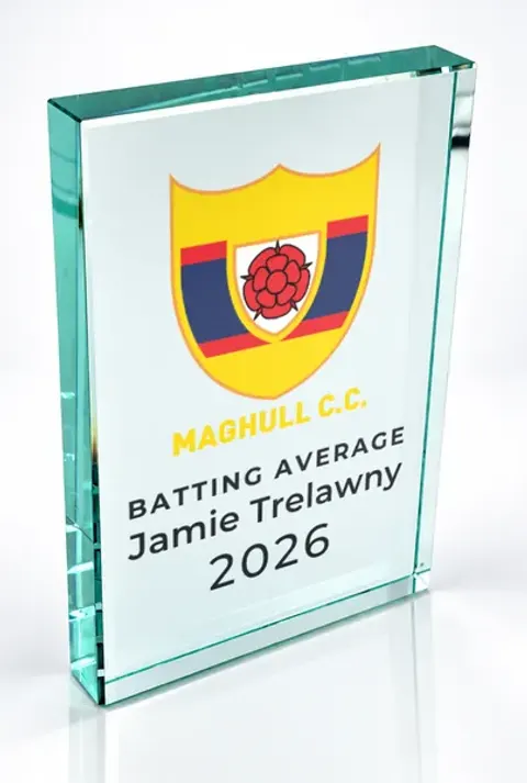 Large portrait glass award printed with a club crest and the wording Batting Average, Jamie Trelawny, 2026