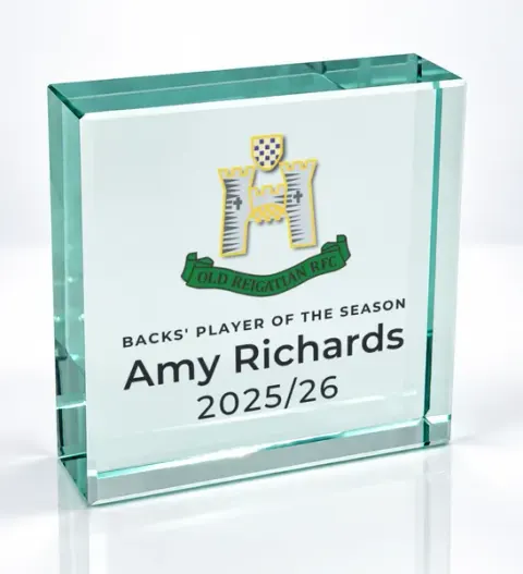 Small square glass award printed with a club crest and the wording Backs' Player Of The Season, Amy Richards, 2025/26