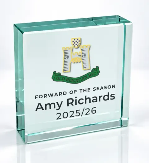 Small square glass award printed with a club crest and the wording Forward Of The Season, Amy Richards, 2025/26