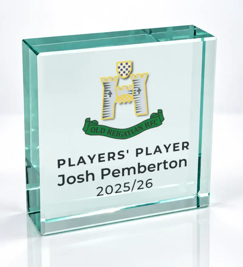 Small square glass award printed in full colour with a club crest and the wording Players' Player
